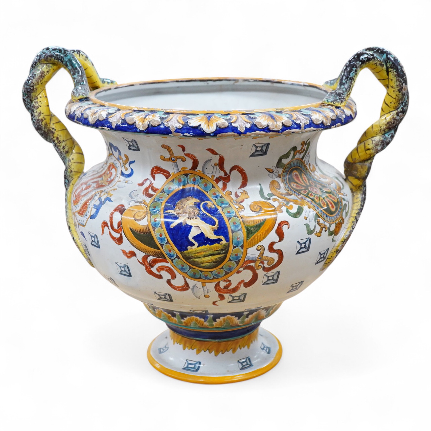 A large French faience twin snake handled pedestal planter, 47cm high